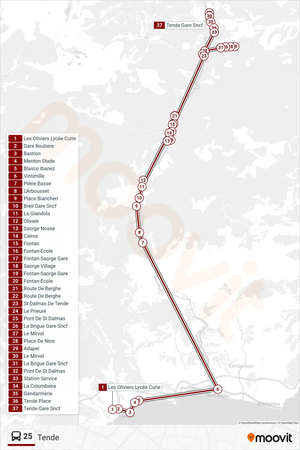 25 bus Line (Tende) route and stops on a map