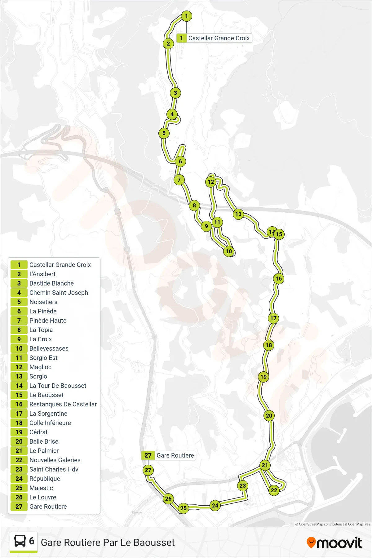 Recorrido y paradas de la línea 6 de autobús (Gare Routiere Par Le Baousset) en el mapa
