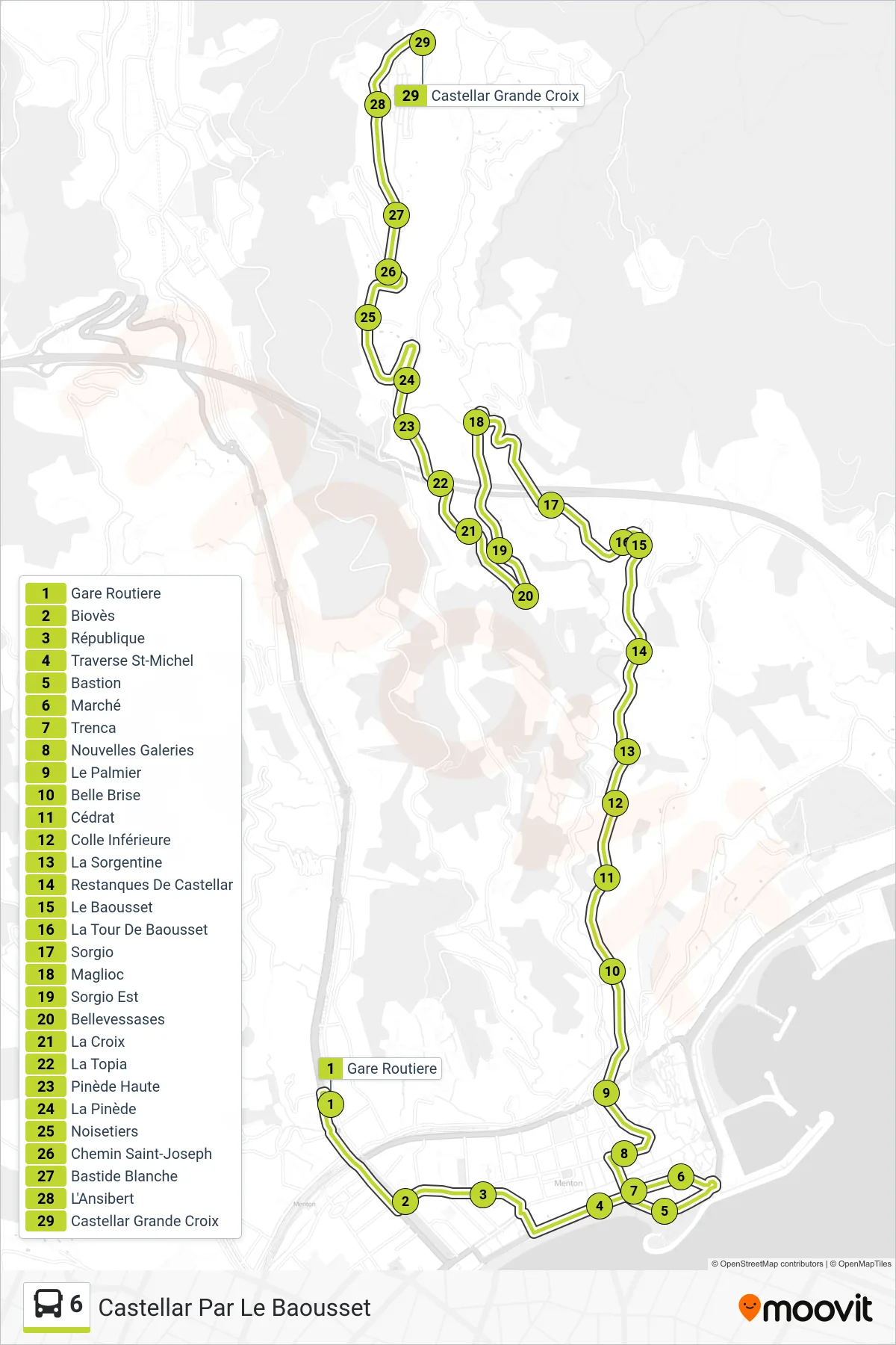Tracé et arrêts de la ligne 6 de bus (Castellar Par Le Baousset) sur une carte