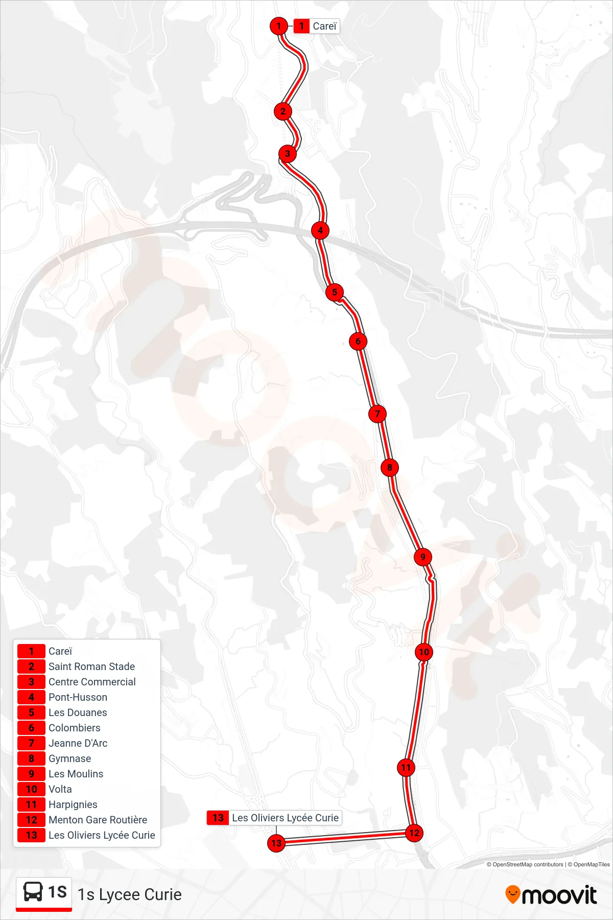 1S bus Line (1s Lycee Curie) route and stops on a map