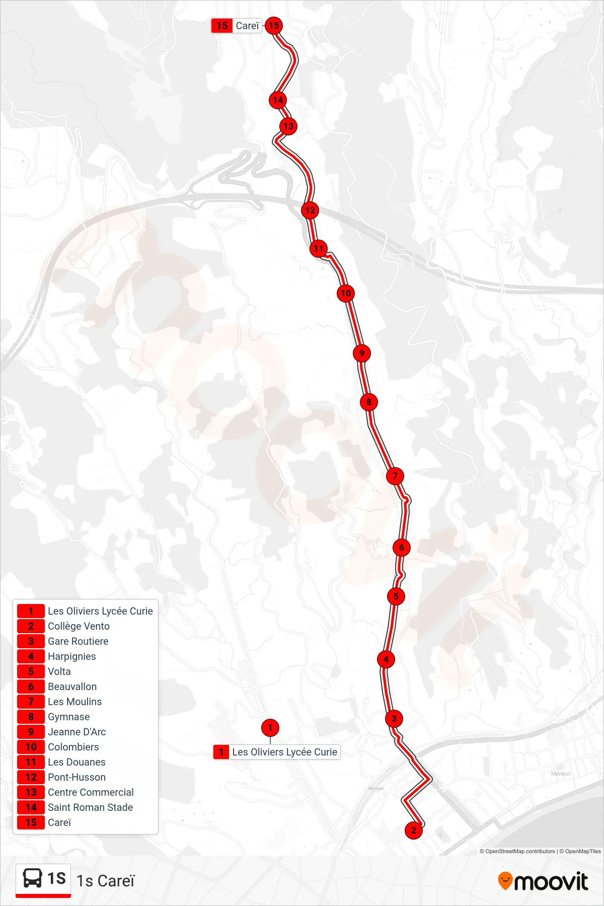 Recorrido y paradas de la línea 1S de autobús (1s Careï) en el mapa