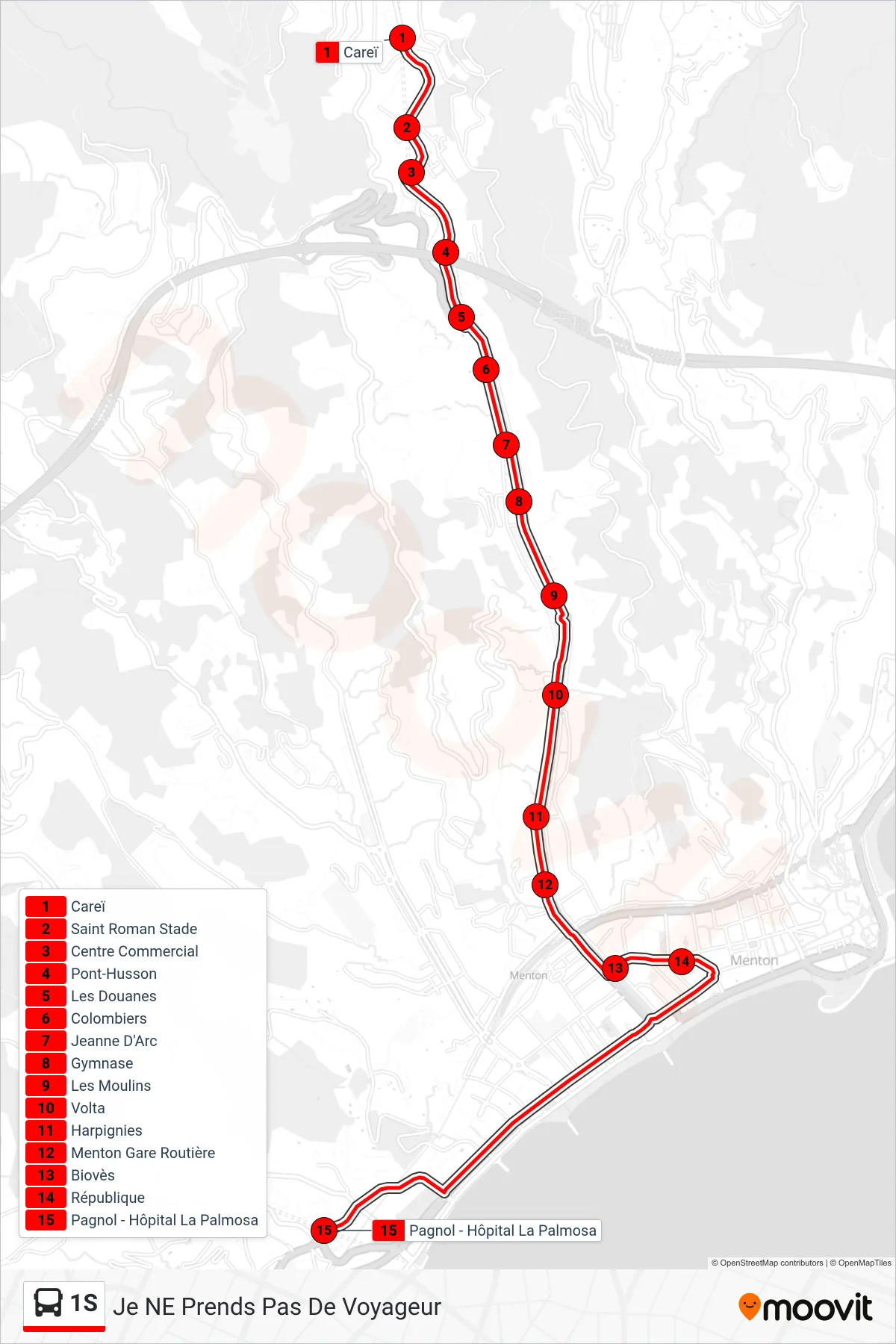 Tracé et arrêts de la ligne 1S de bus (Je NE Prends Pas De Voyageur) sur une carte