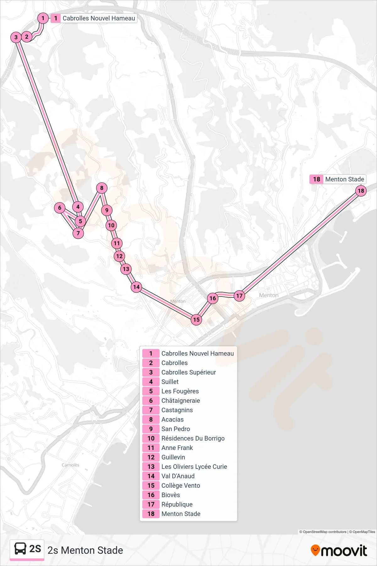 Recorrido y paradas de la línea 2S de autobús (2s Menton Stade) en el mapa