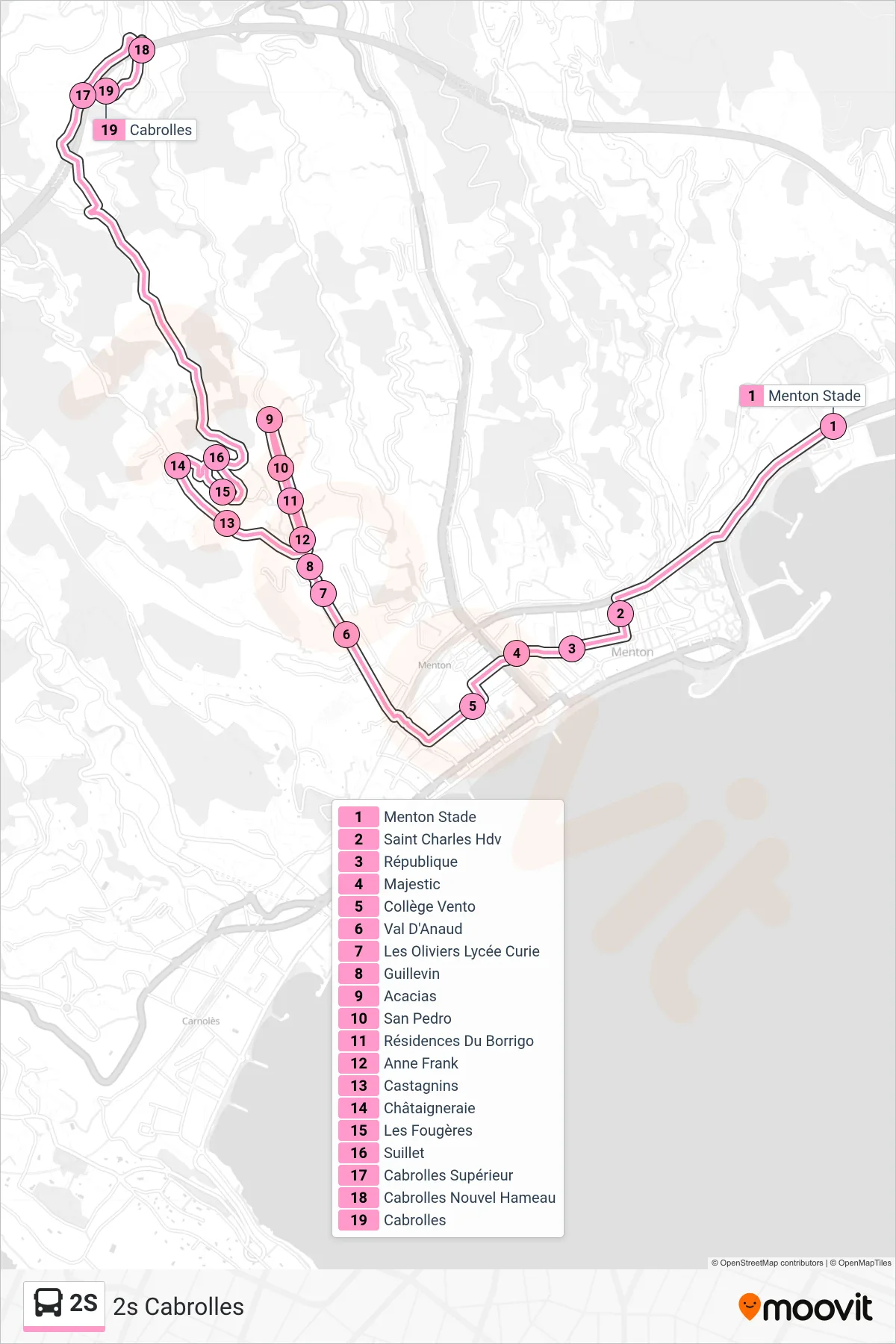 Tracé et arrêts de la ligne 2S de bus (2s Cabrolles) sur une carte