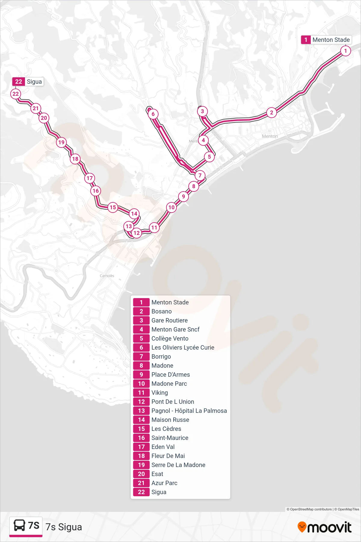 7S bus Line (7s Sigua) route and stops on a map