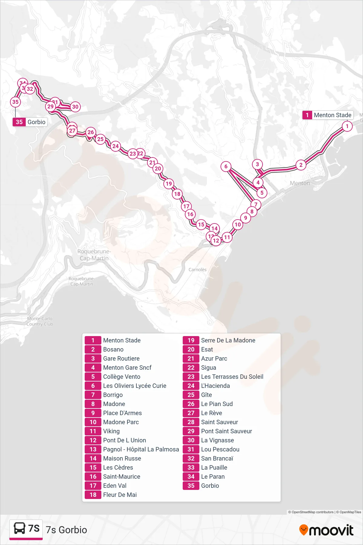 7S bus Line (7s Gorbio) route and stops on a map