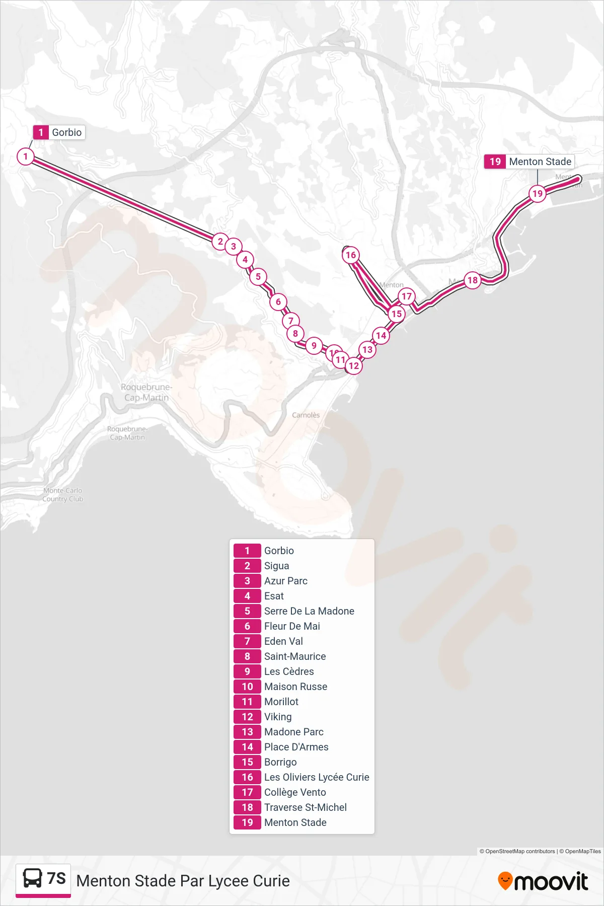 Tracé et arrêts de la ligne 7S de bus (Menton Stade Par Lycee Curie) sur une carte