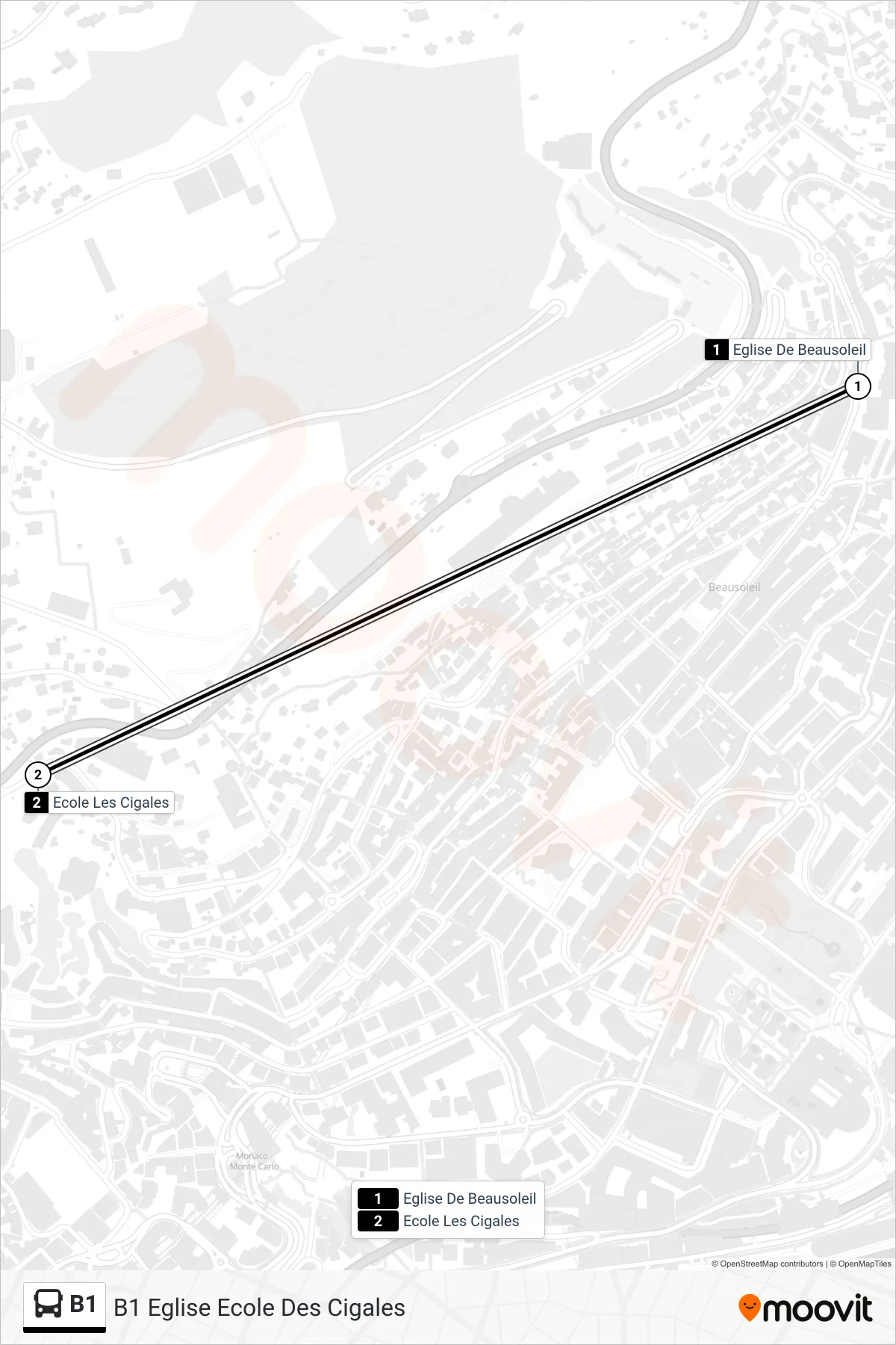 Tracé et arrêts de la ligne B1 de bus (B1 Eglise Ecole Des Cigales) sur une carte