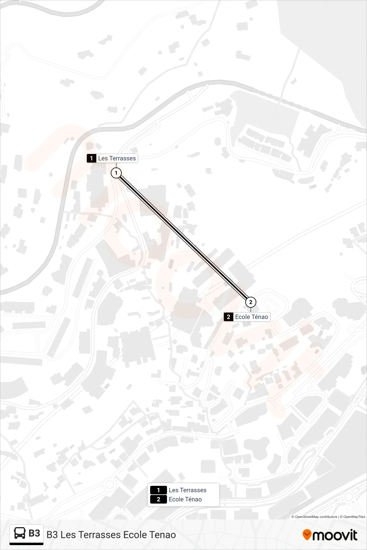 Tracé et arrêts de la ligne B3 de bus (B3 Les Terrasses Ecole Tenao) sur une carte