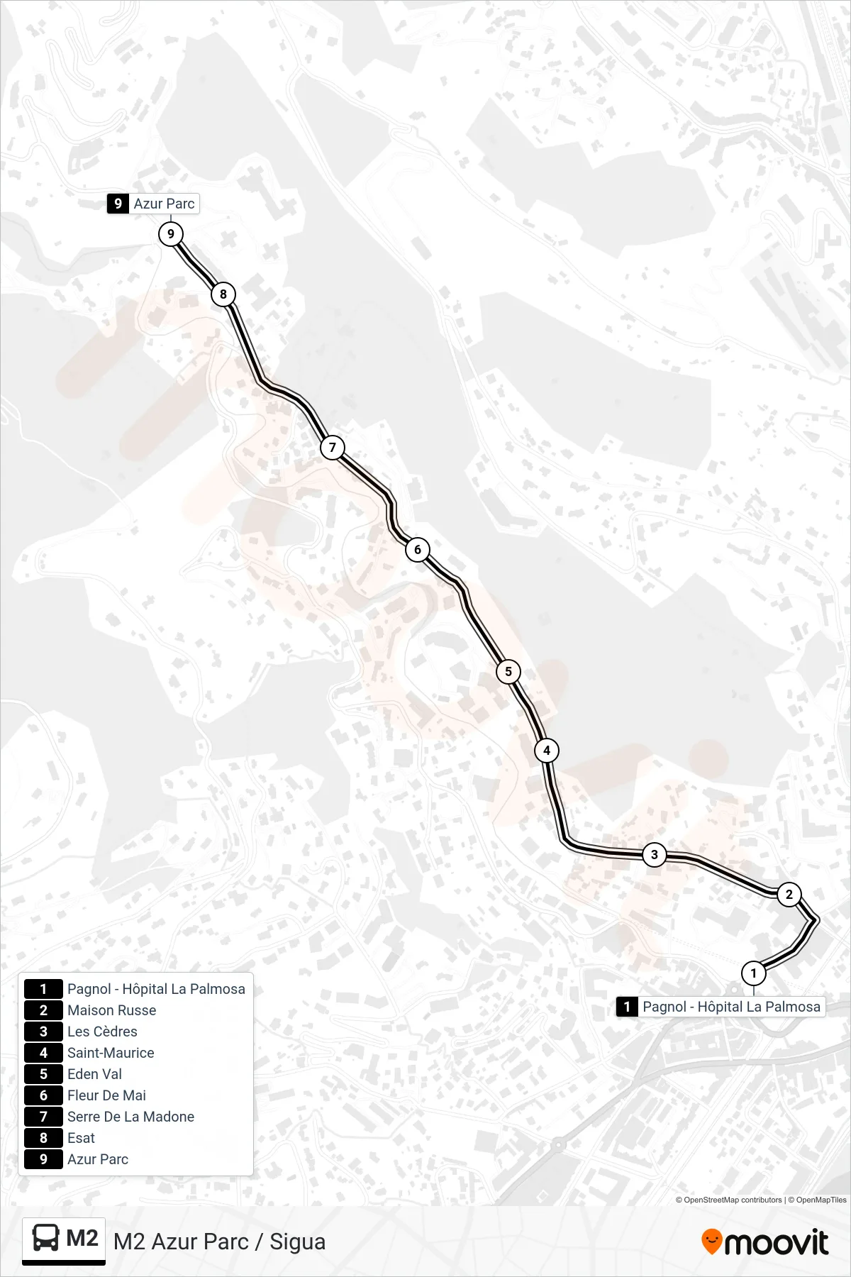 Tracé et arrêts de la ligne M2 de bus (M2 Azur Parc / Sigua) sur une carte