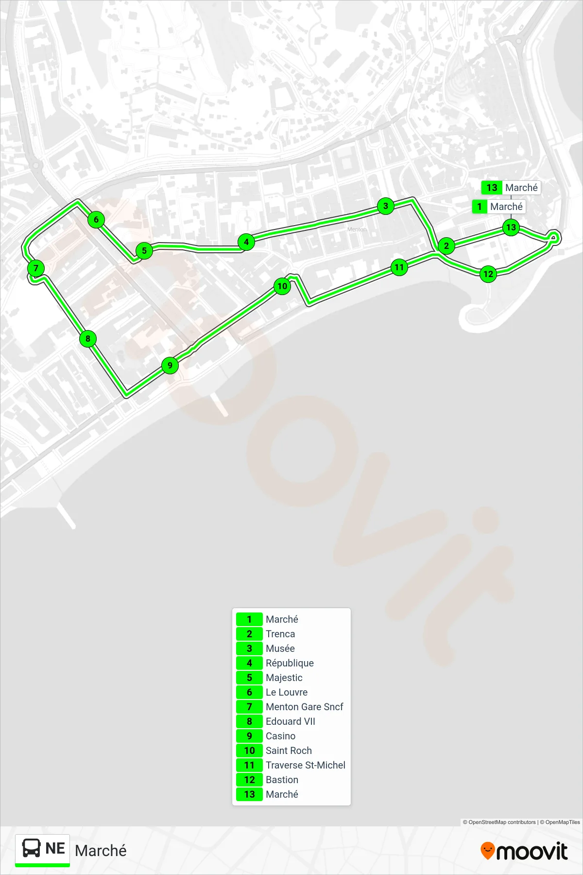 Tracé et arrêts de la ligne NE de bus (Marché) sur une carte