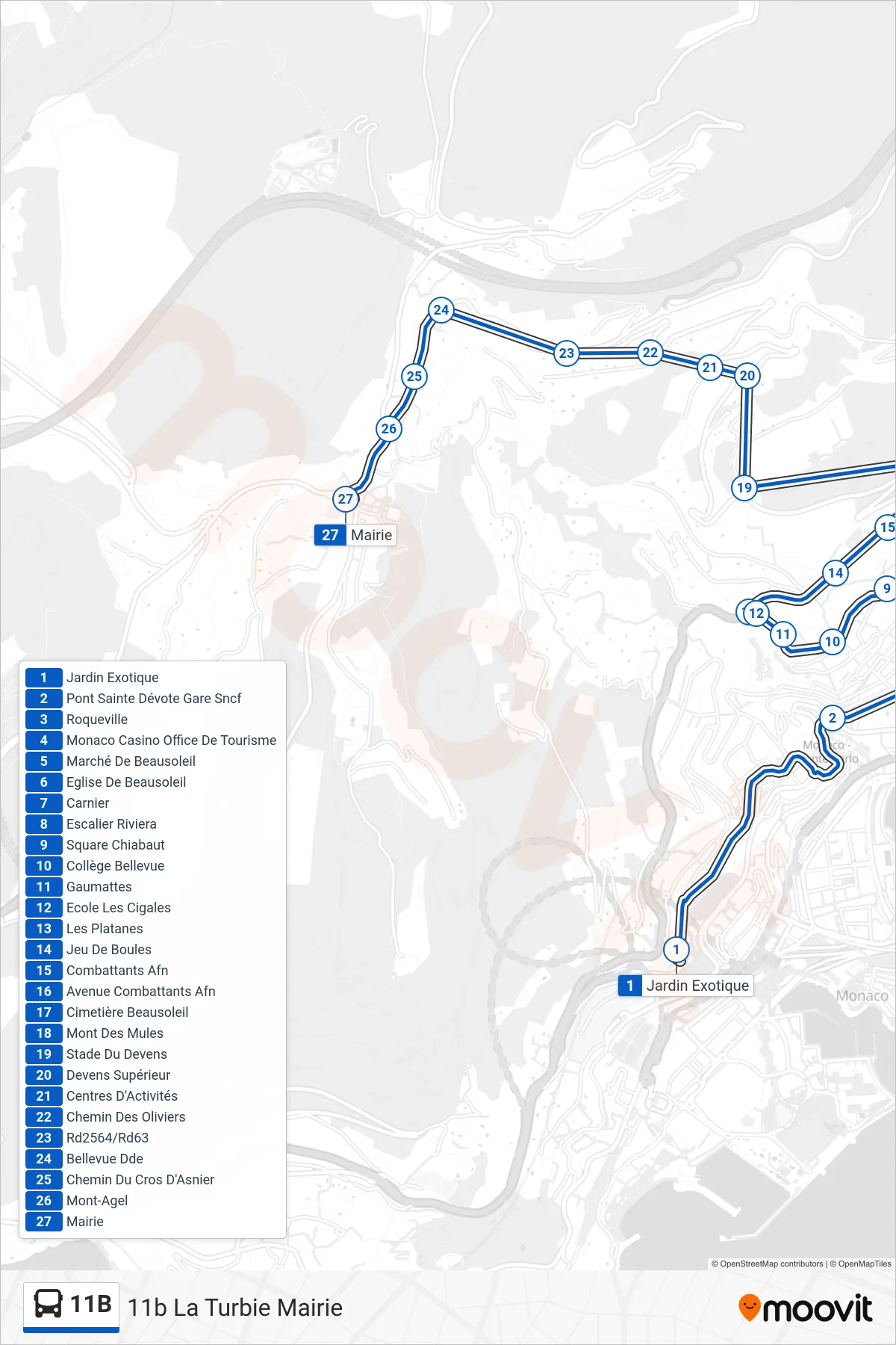 Tracé et arrêts de la ligne 11B de bus (11b La Turbie Mairie) sur une carte