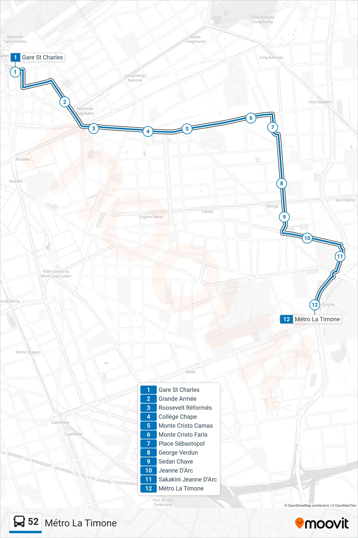 52 bus Line (Métro La Timone) route and stops on a map