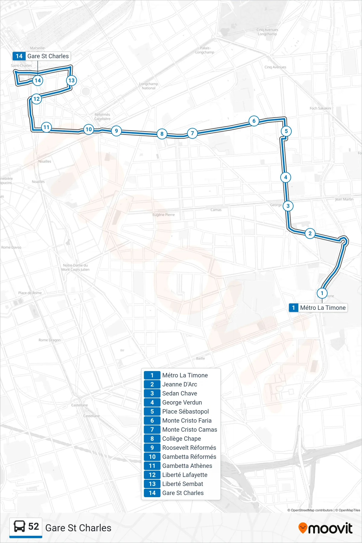 Tracé et arrêts de la ligne 52 de bus (Gare St Charles) sur une carte