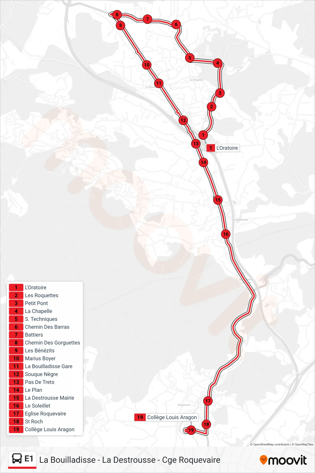 E1 bus Line (Roquevaire) route and stops on a map