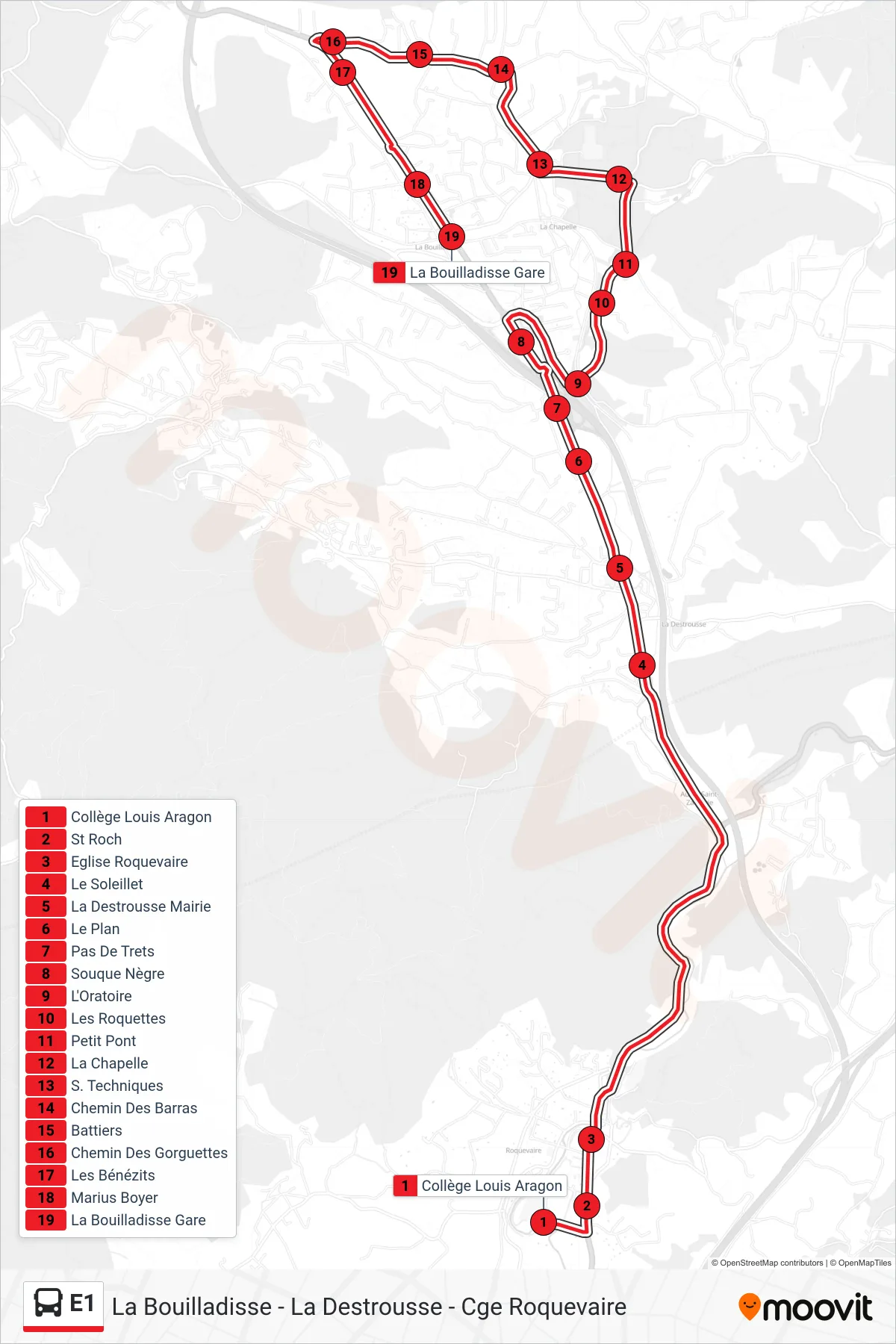 Tracé et arrêts de la ligne E1 de bus (La Bouilladisse) sur une carte