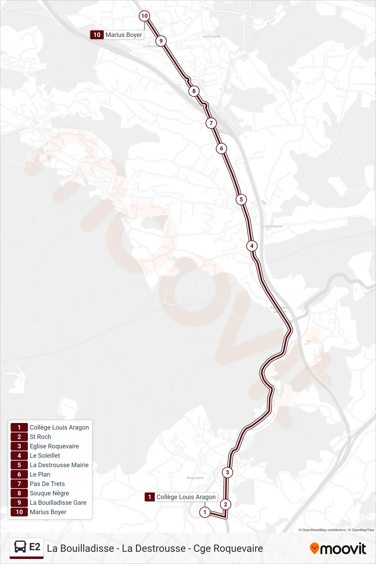 Tracé et arrêts de la ligne E2 de bus (La Bouilladisse) sur une carte