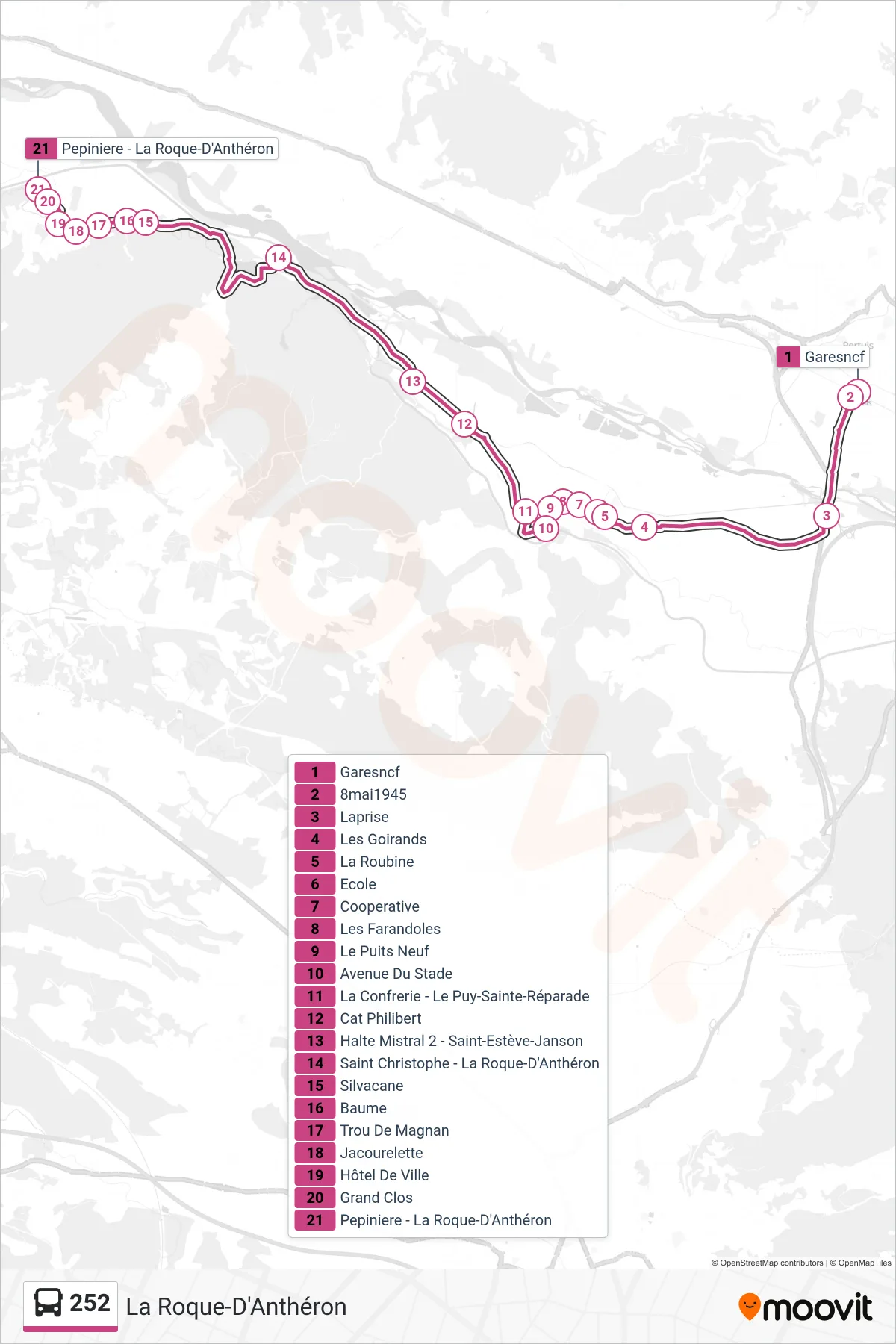 Tracé et arrêts de la ligne 252 de bus (La Roque-D'Anthéron) sur une carte