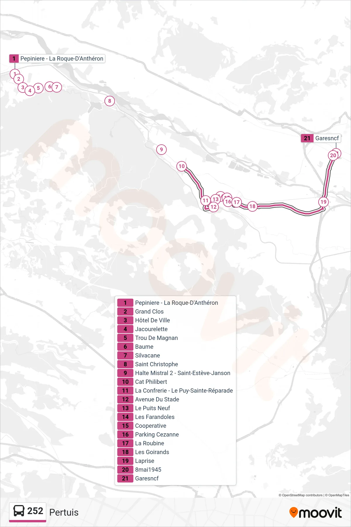 252 bus Line (Pertuis) route and stops on a map