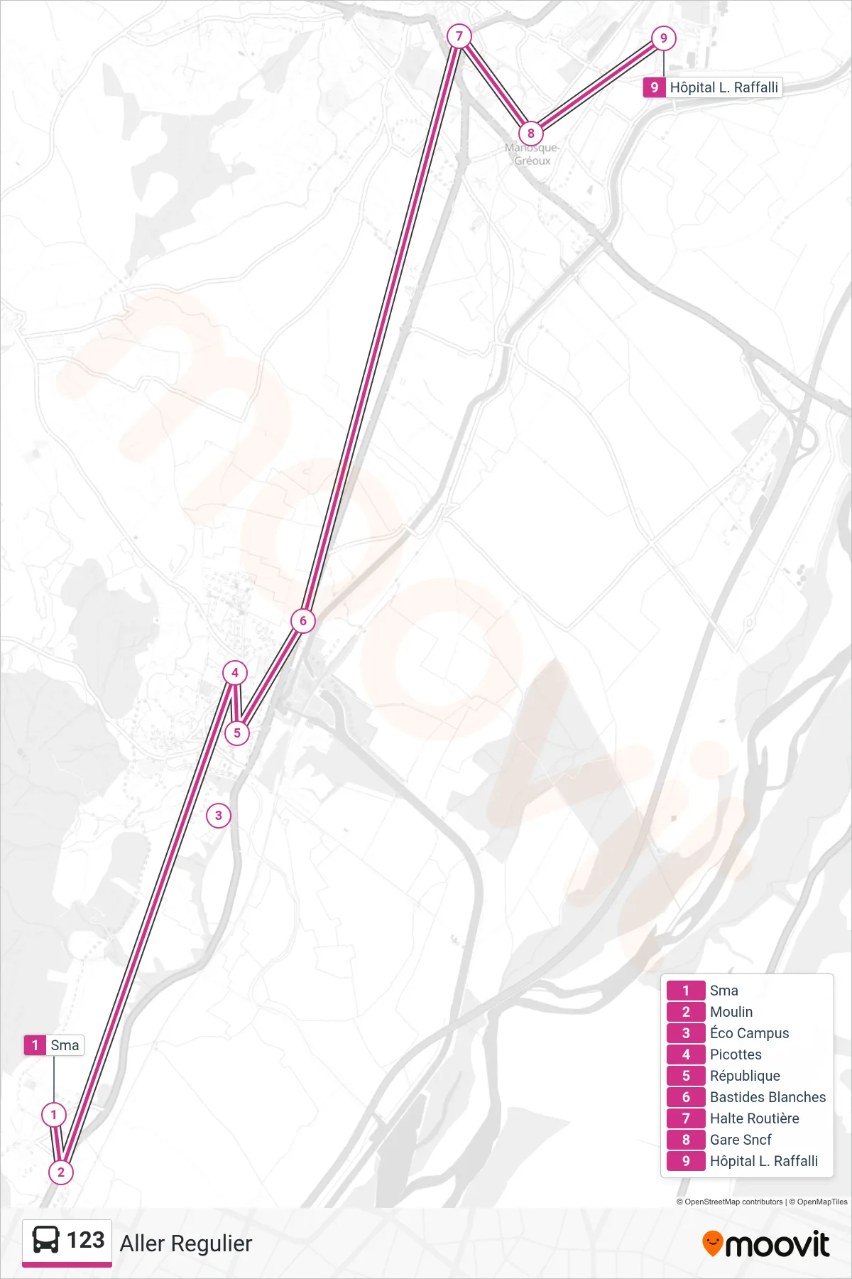 123 bus Line (Aller Regulier) route and stops on a map