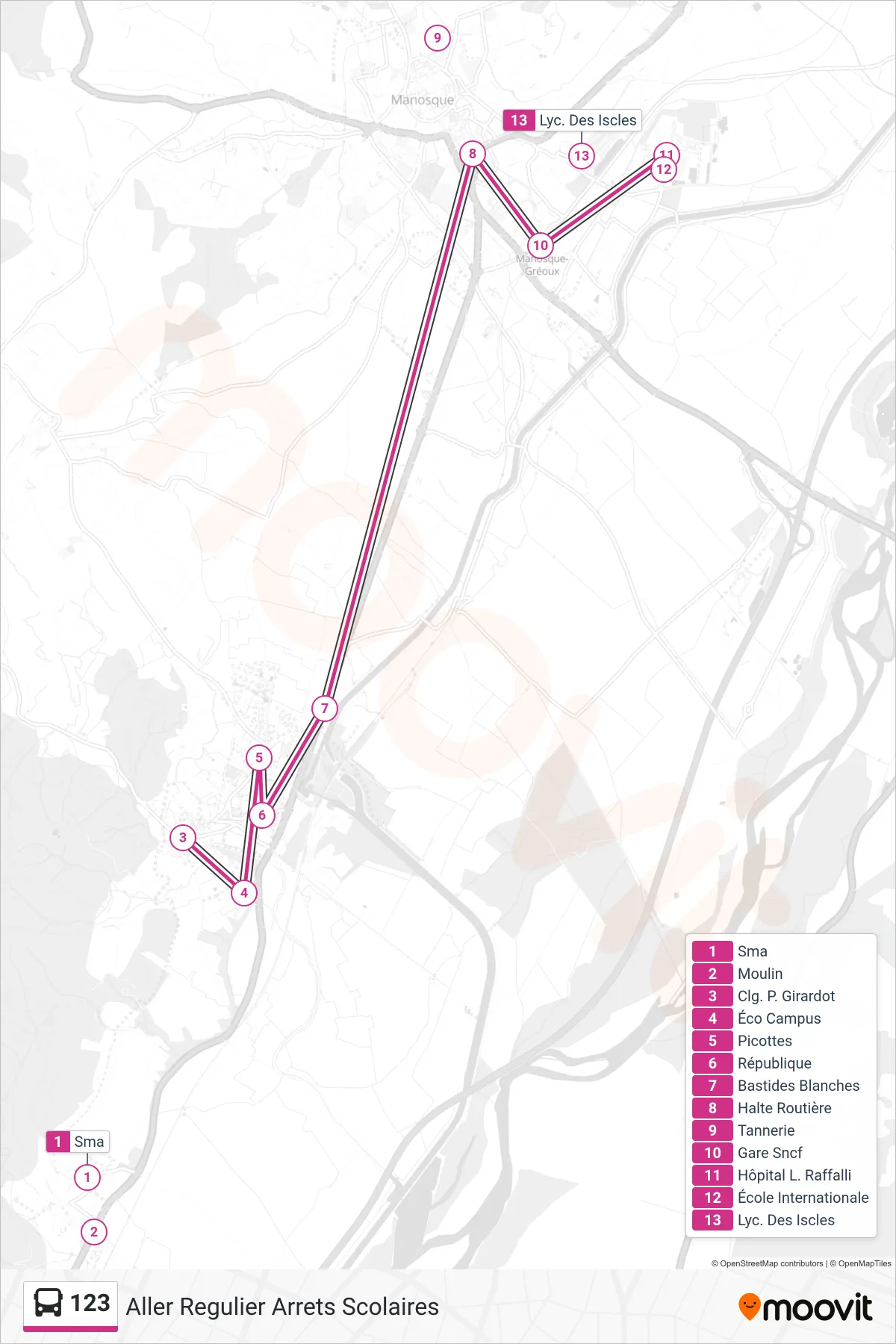 Tracé et arrêts de la ligne 123 de bus (Aller Regulier Arrets Scolaires) sur une carte