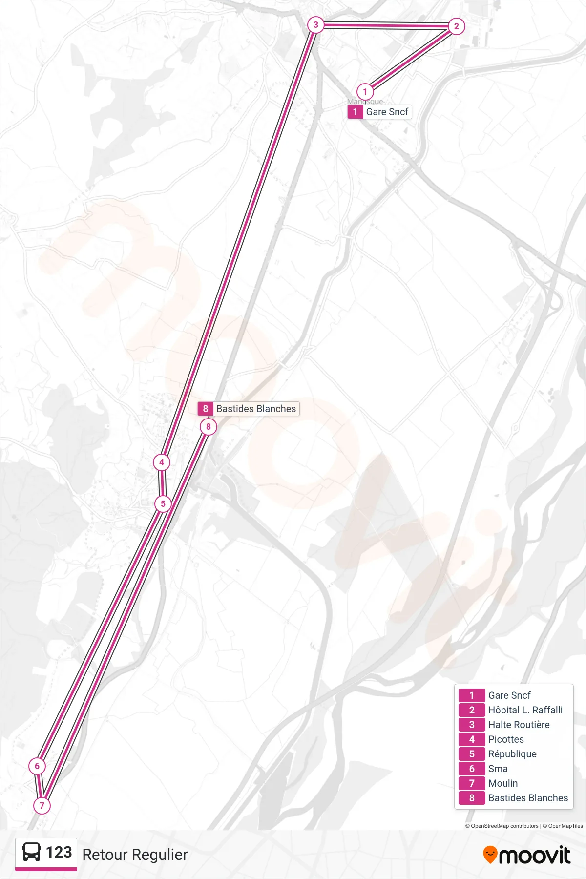 123 bus Line (Retour Regulier) route and stops on a map