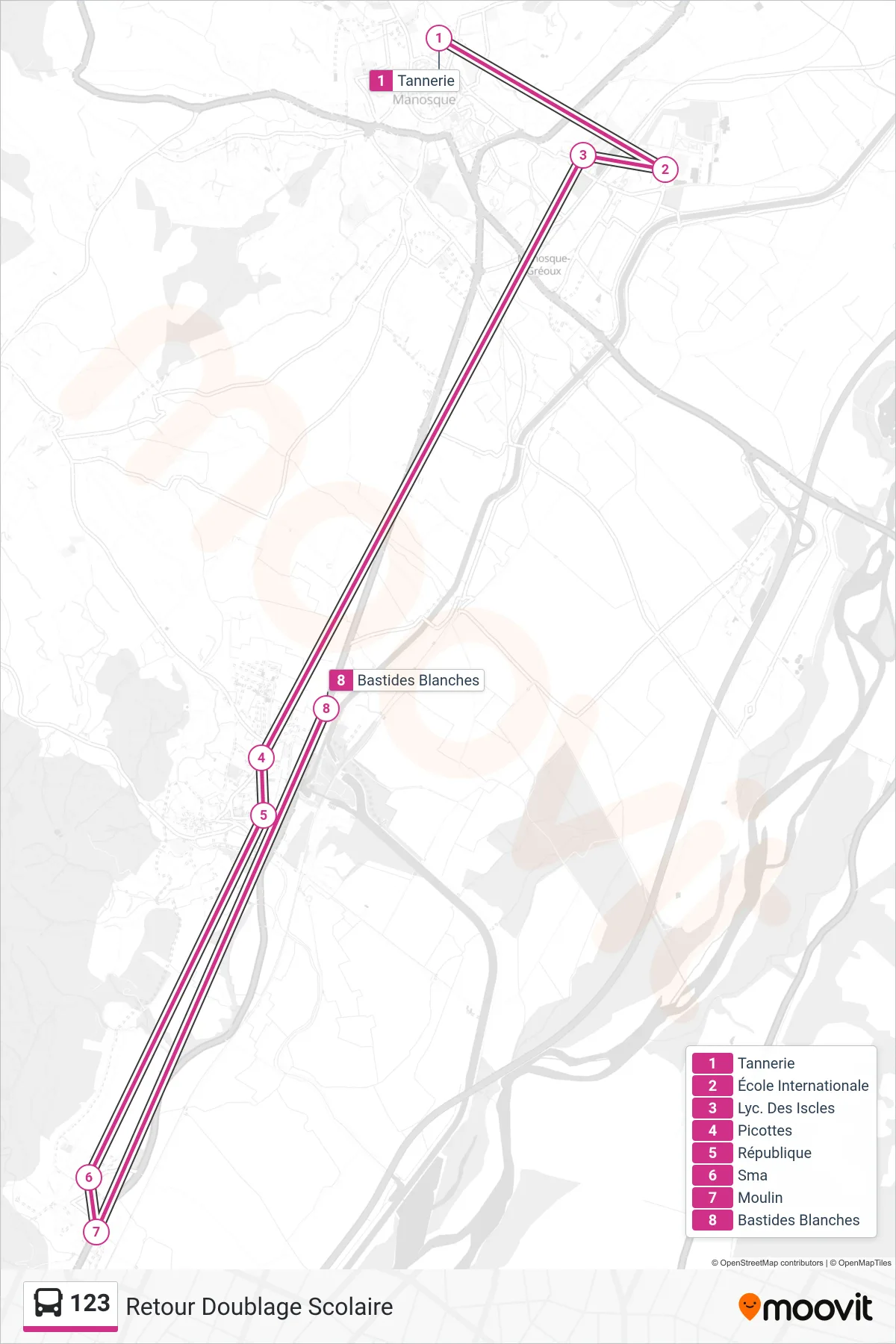 123 bus Line (Retour Doublage Scolaire) route and stops on a map