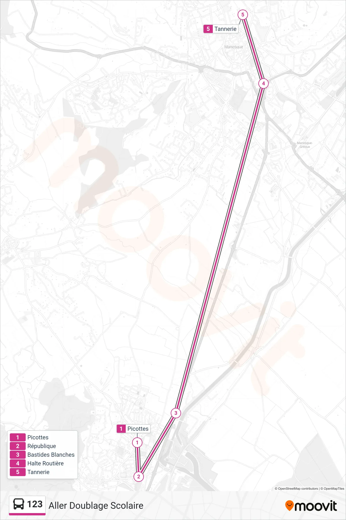 123 bus Line (Aller Doublage Scolaire) route and stops on a map