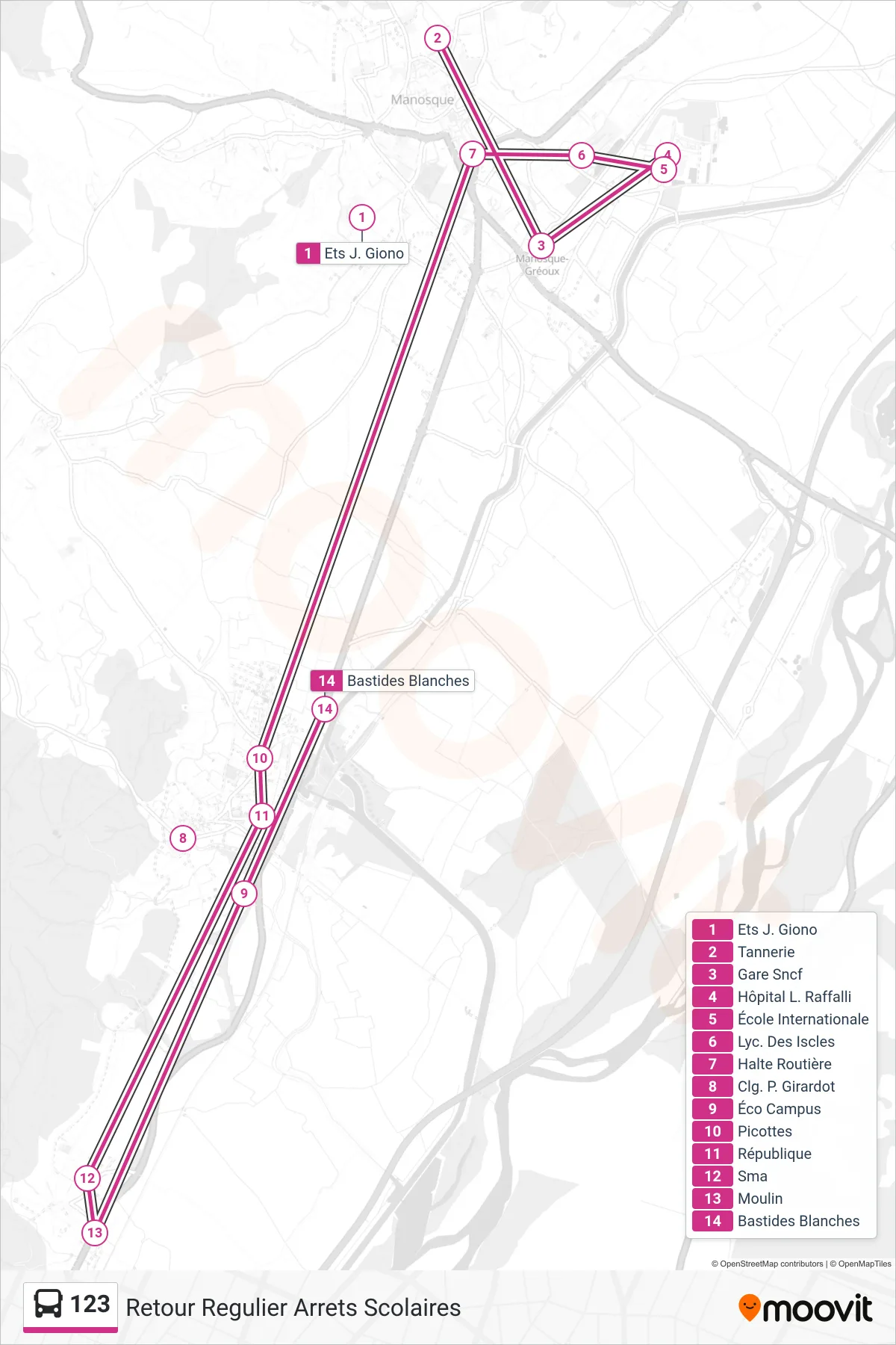 123 bus Line (Retour Regulier Arrets Scolaires) route and stops on a map