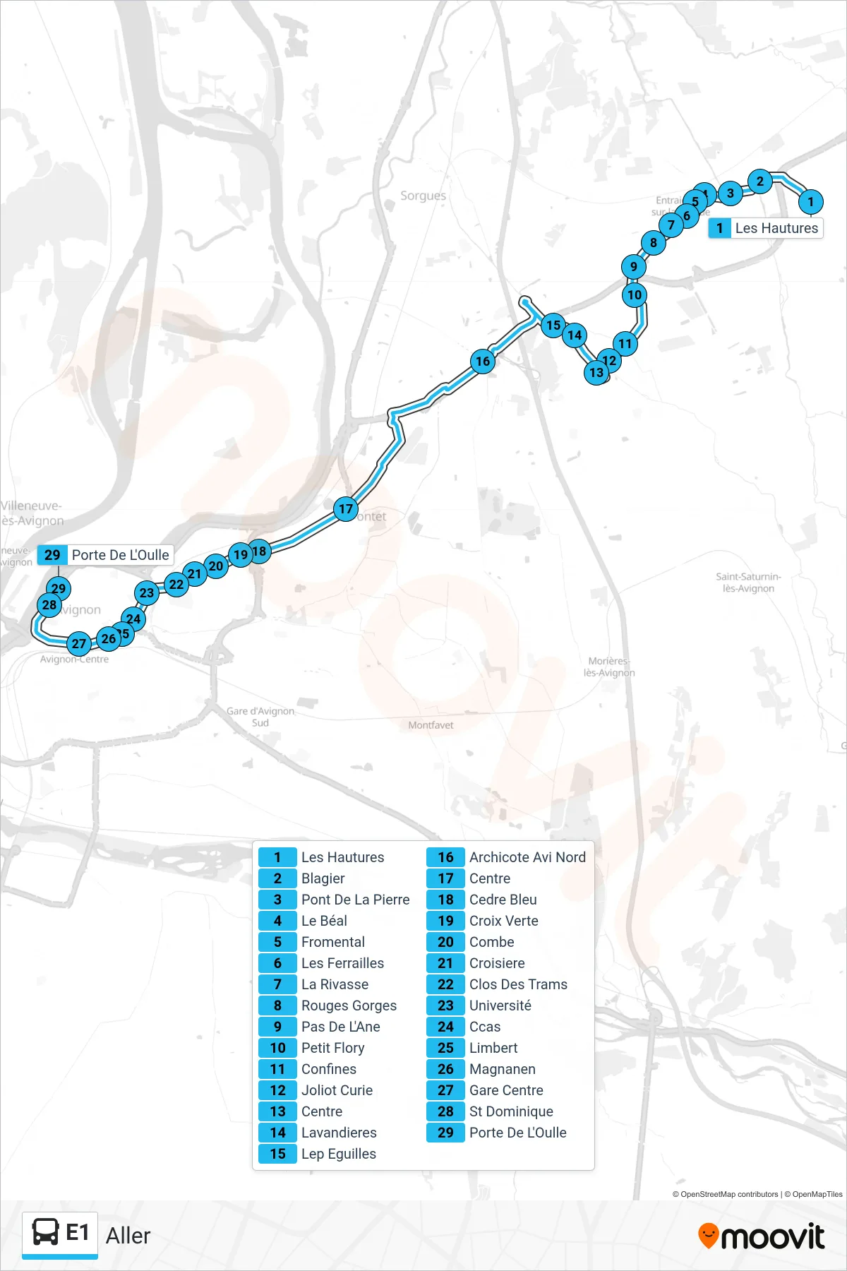 Tracé et arrêts de la ligne E1 de bus (Aller) sur une carte