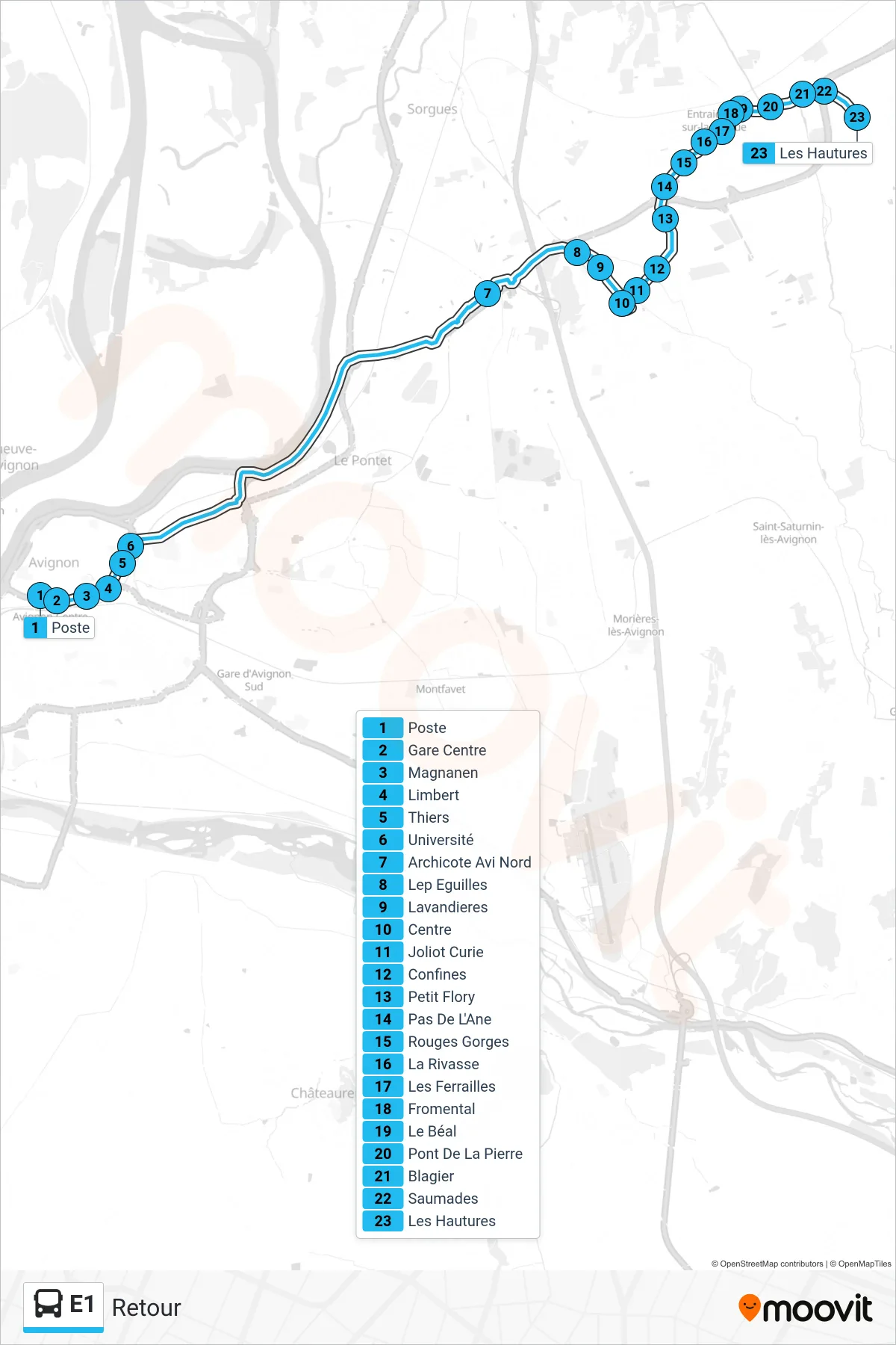 E1 bus Line (Retour) route and stops on a map