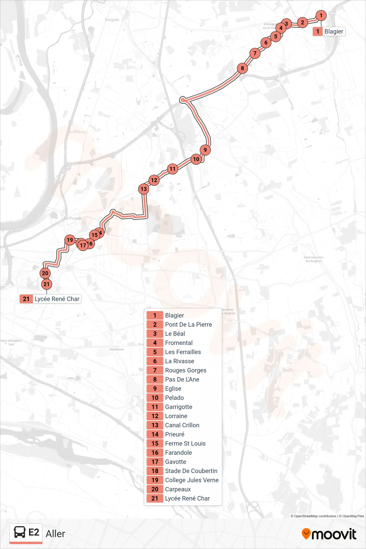 Tracé et arrêts de la ligne E2 de bus (Aller) sur une carte