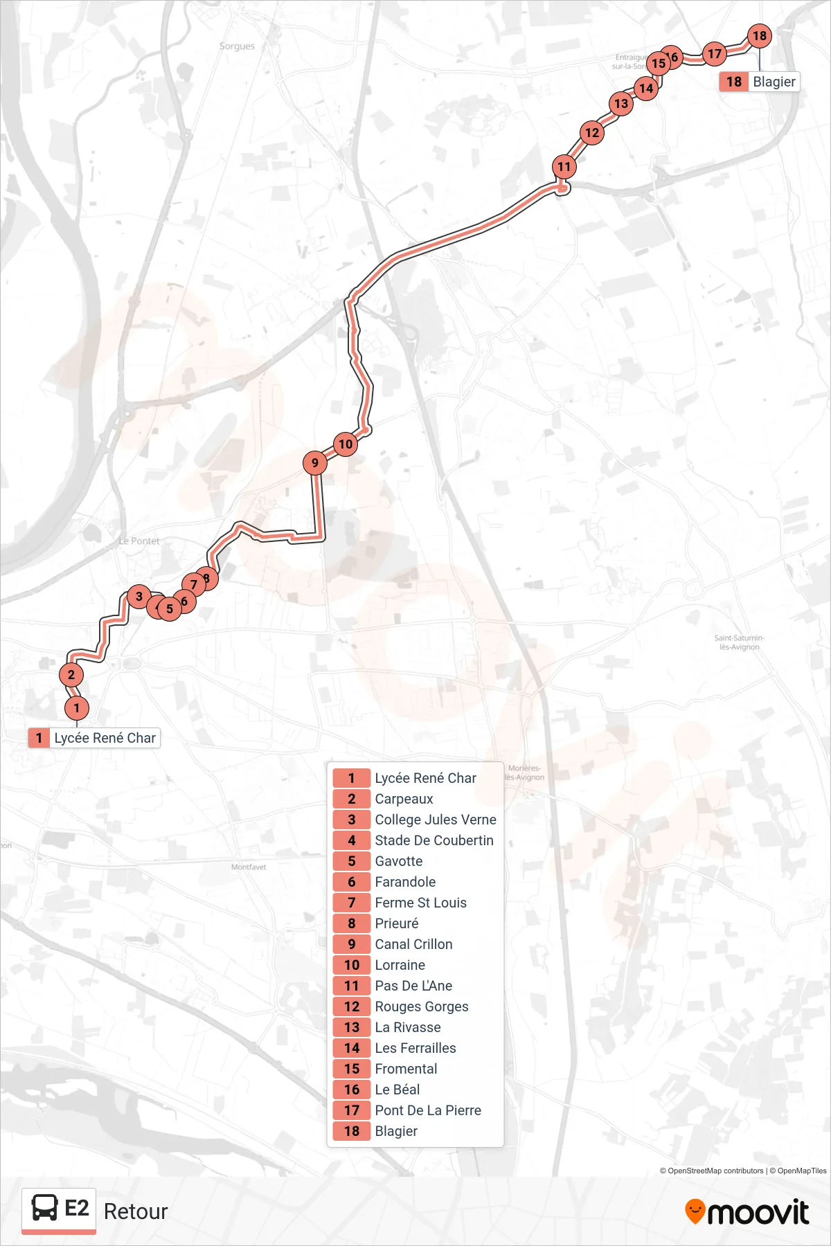 E2 bus Line (Retour) route and stops on a map