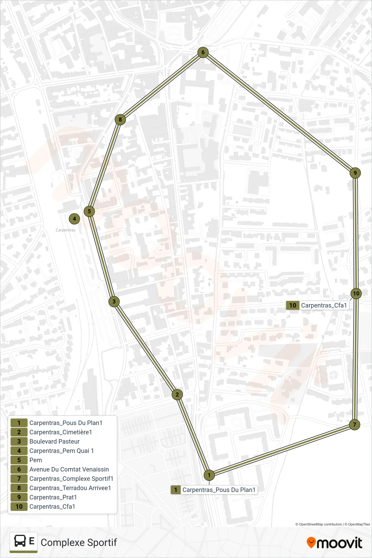 Tracé et arrêts de la ligne E de bus (Complexe Sportif) sur une carte