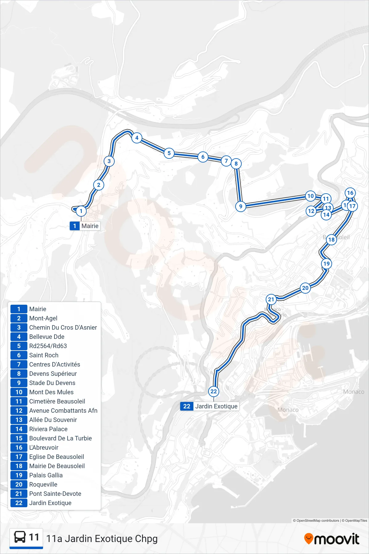 11 bus Line (11a Jardin Exotique Chpg) route and stops on a map