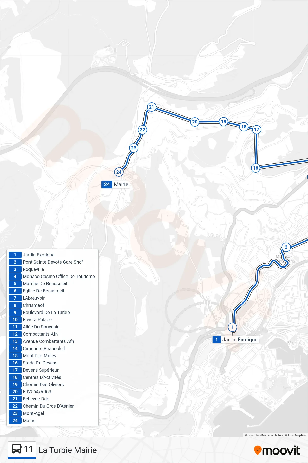 11 bus Line (La Turbie Mairie) route and stops on a map