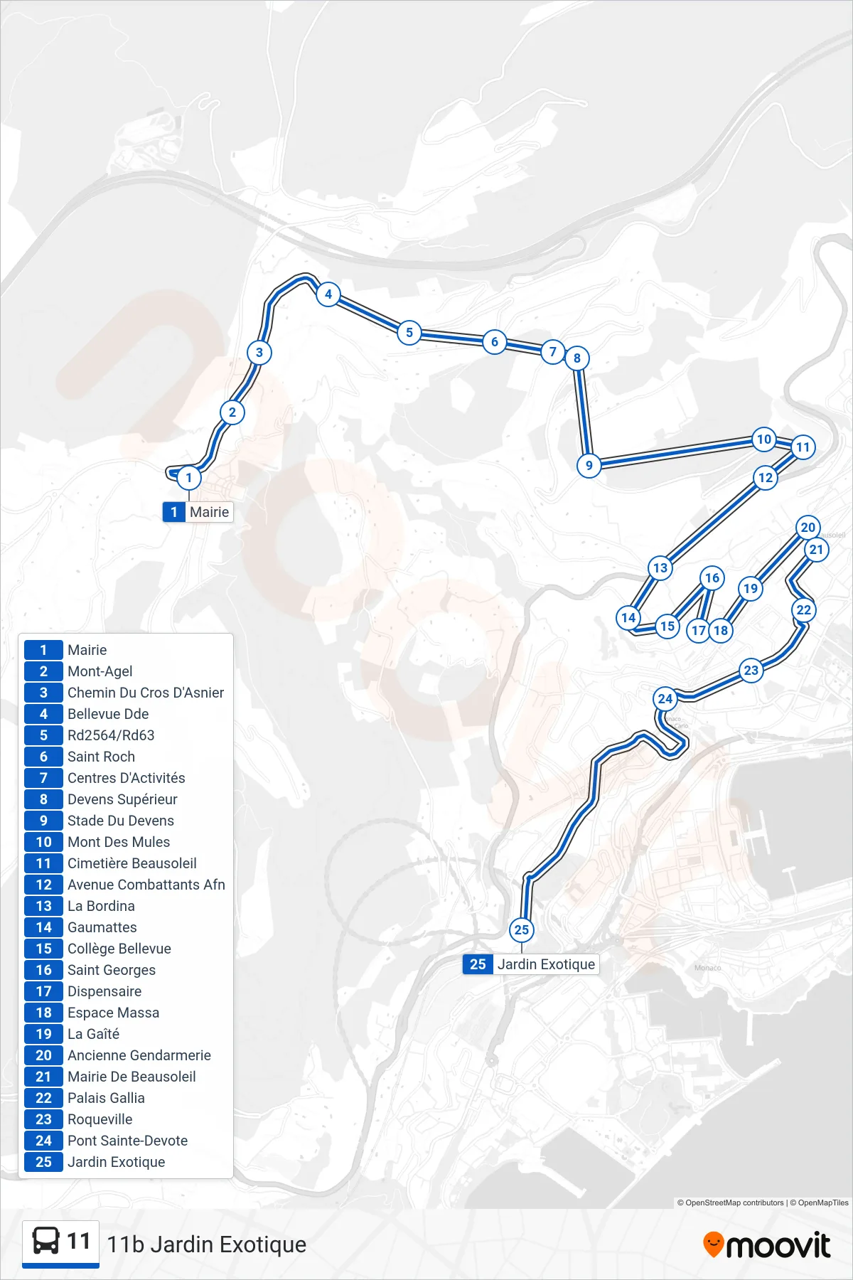 11 bus Line (11b Jardin Exotique) route and stops on a map