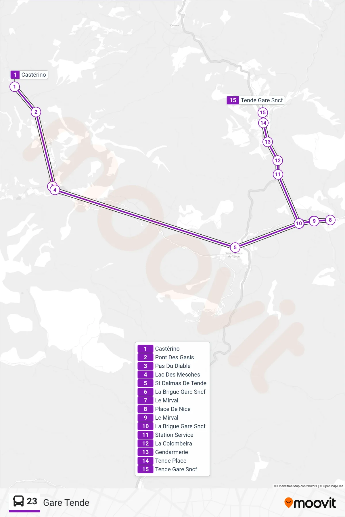 Recorrido y paradas de la línea 23 de autobús (Gare Tende) en el mapa