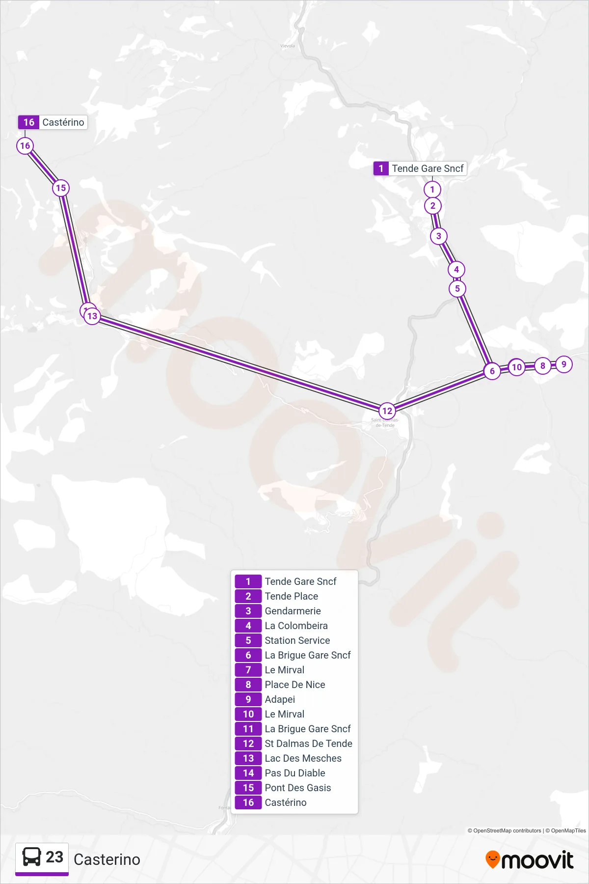 Tracé et arrêts de la ligne 23 de bus (Casterino) sur une carte