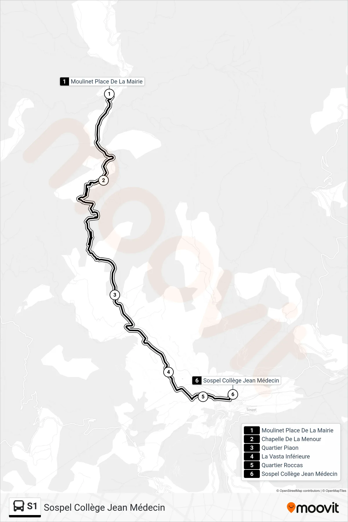 S1 bus Line (Sospel Collège Jean Médecin) route and stops on a map