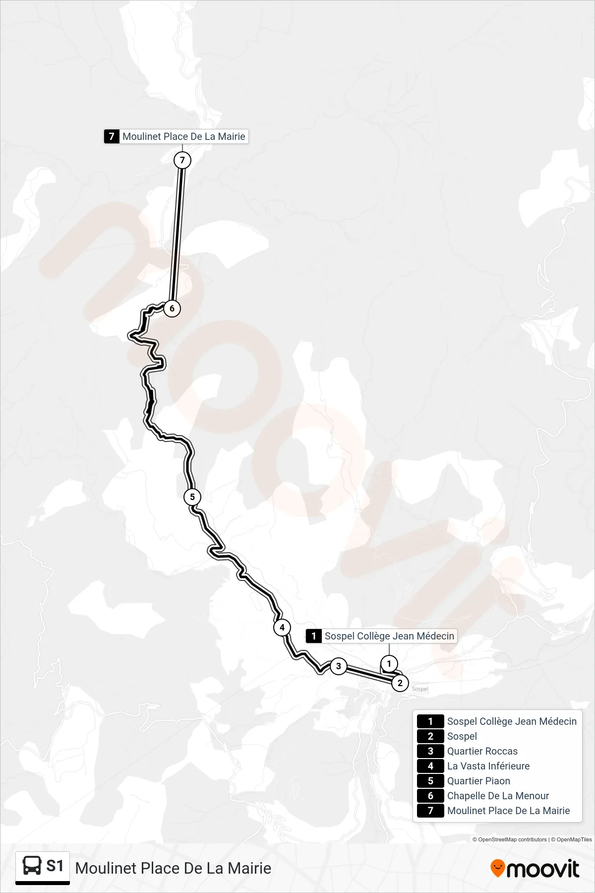 Tracé et arrêts de la ligne S1 de bus (Moulinet Place De La Mairie) sur une carte