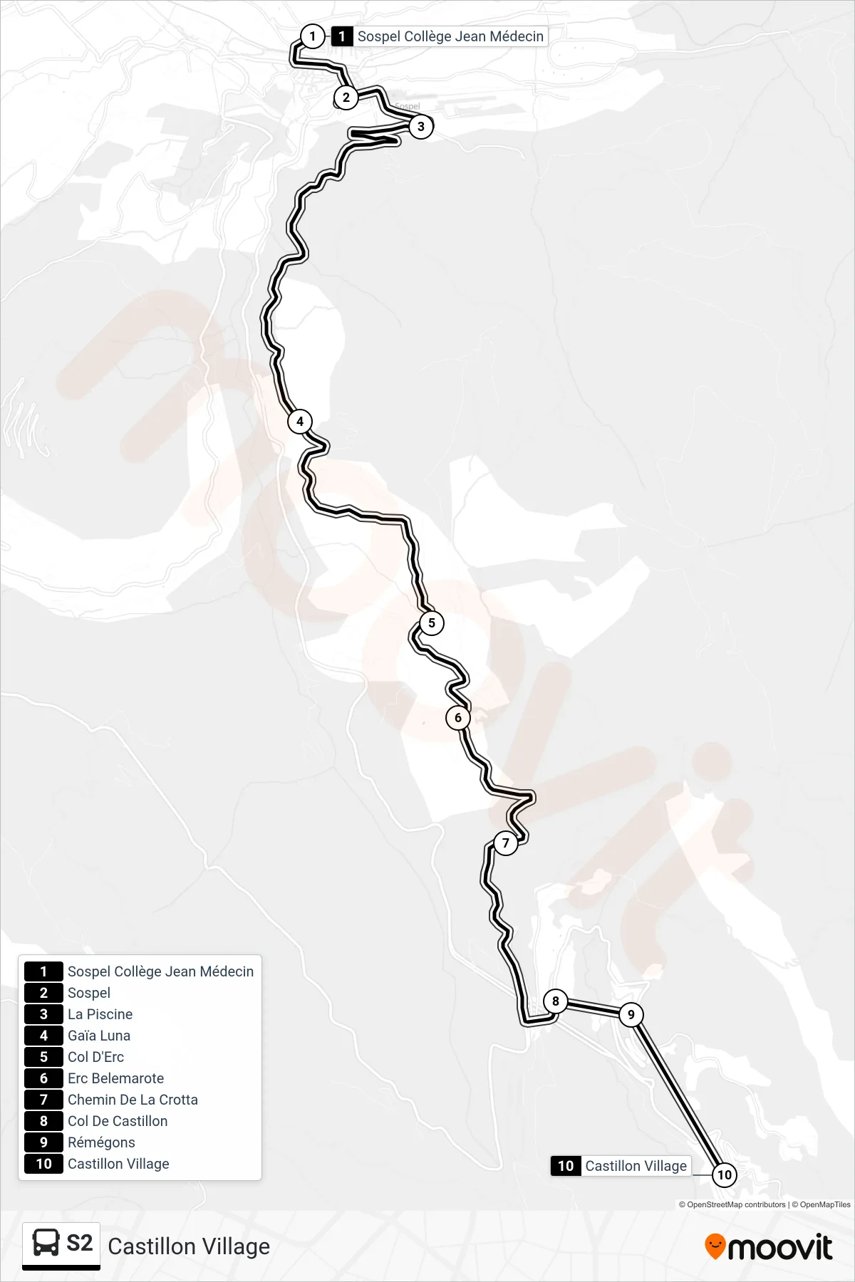 Tracé et arrêts de la ligne S2 de bus (Castillon Village) sur une carte