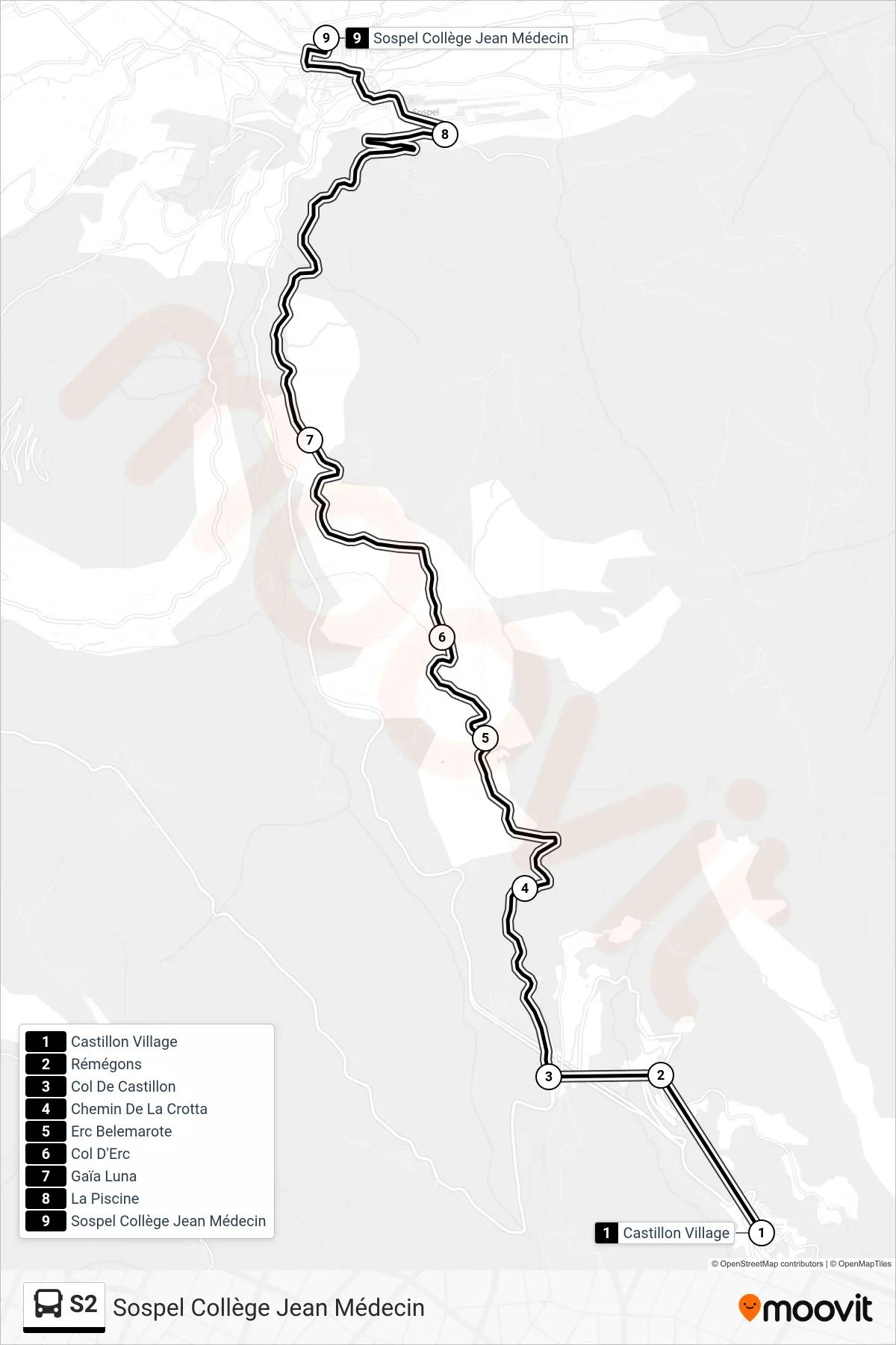S2 bus Line (Sospel Collège Jean Médecin) route and stops on a map