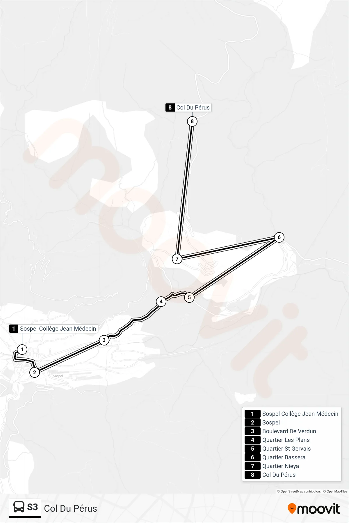 Tracé et arrêts de la ligne S3 de bus (Col Du Pérus) sur une carte