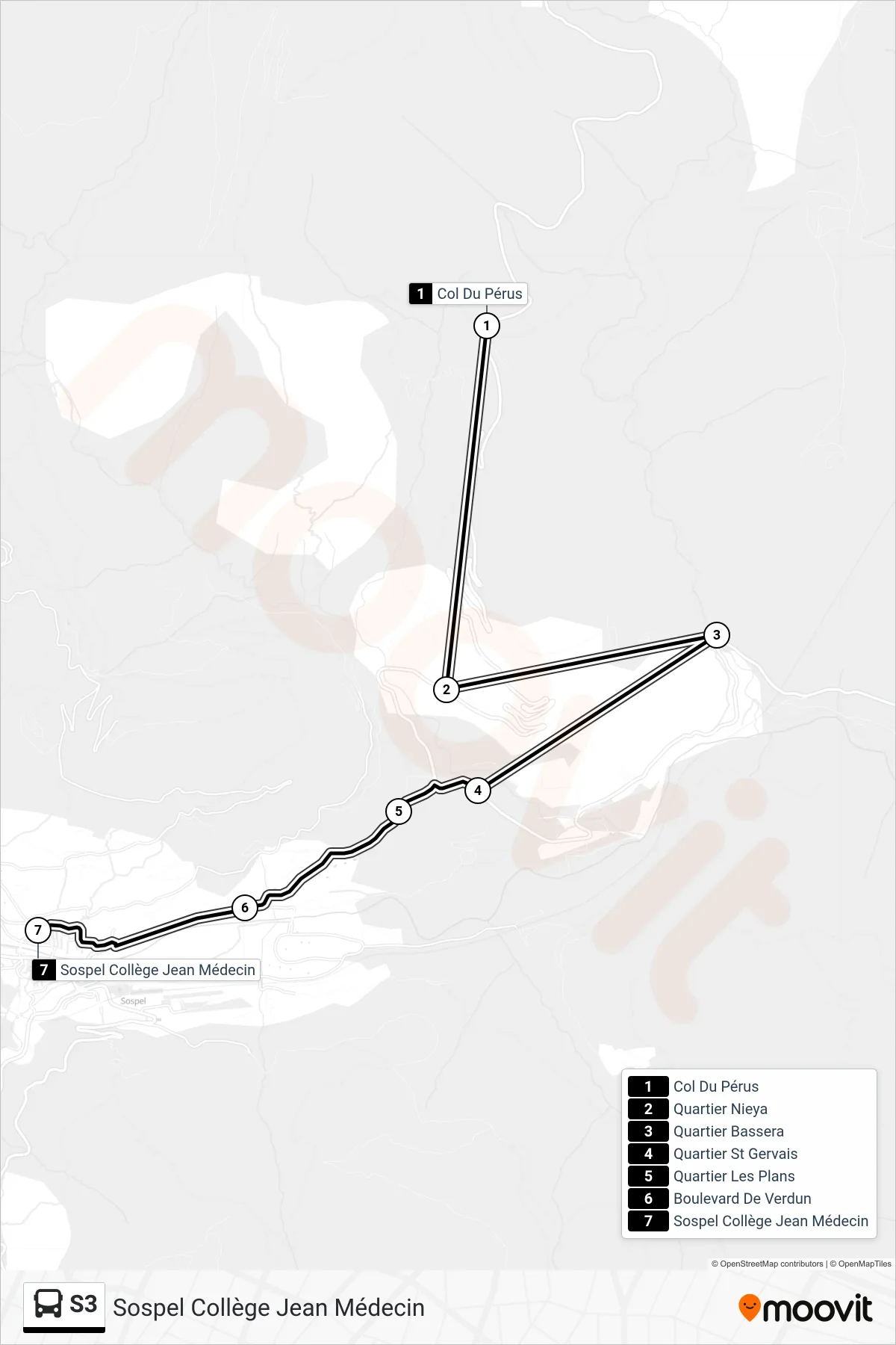 S3 bus Line (Sospel Collège Jean Médecin) route and stops on a map