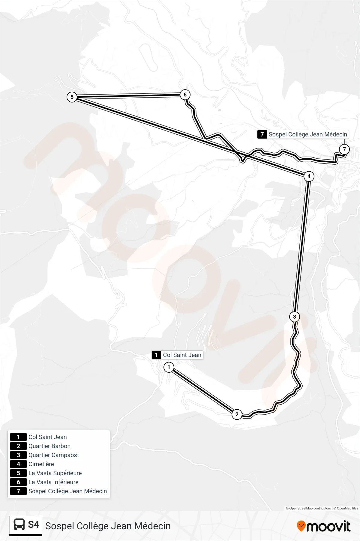 Recorrido y paradas de la línea S4 de autobús (Sospel Collège Jean Médecin) en el mapa
