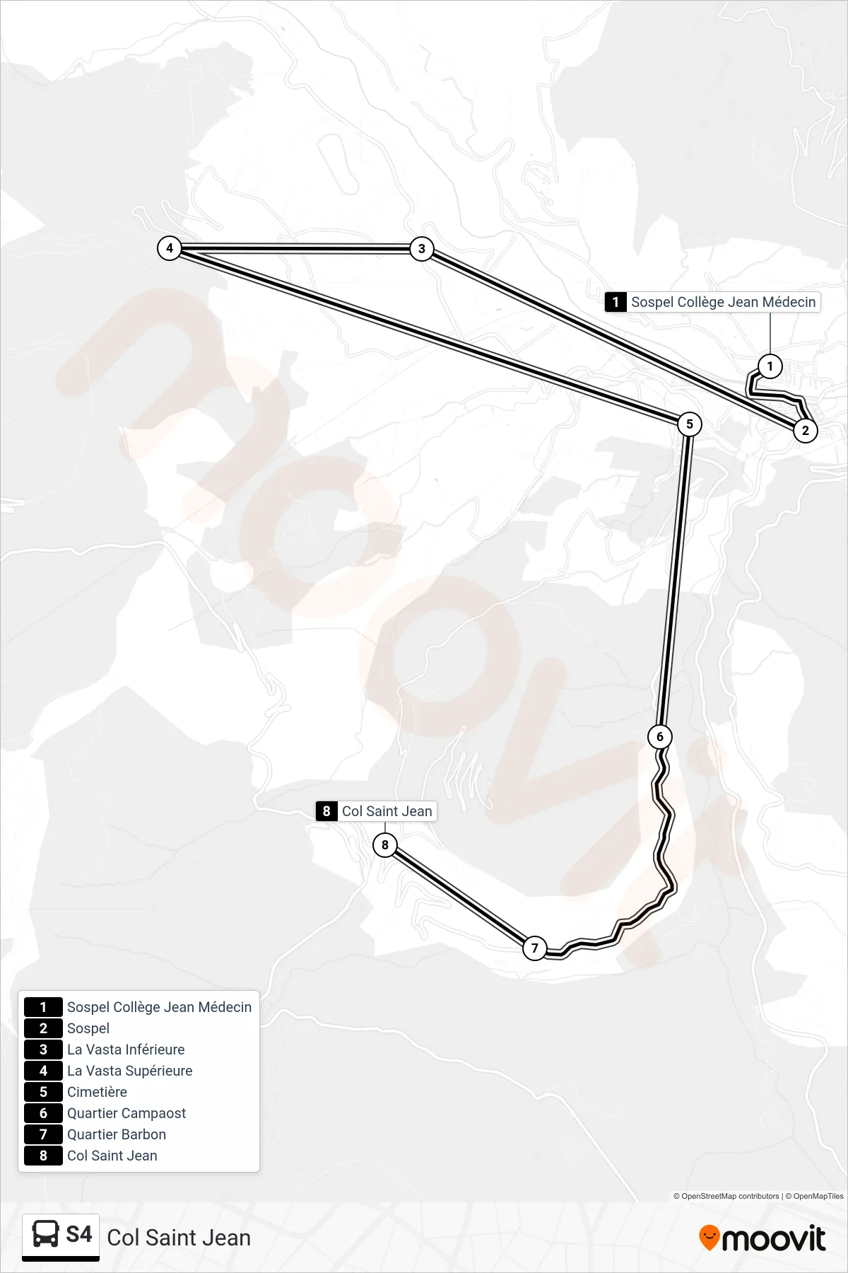 Tracé et arrêts de la ligne S4 de bus (Col Saint Jean) sur une carte