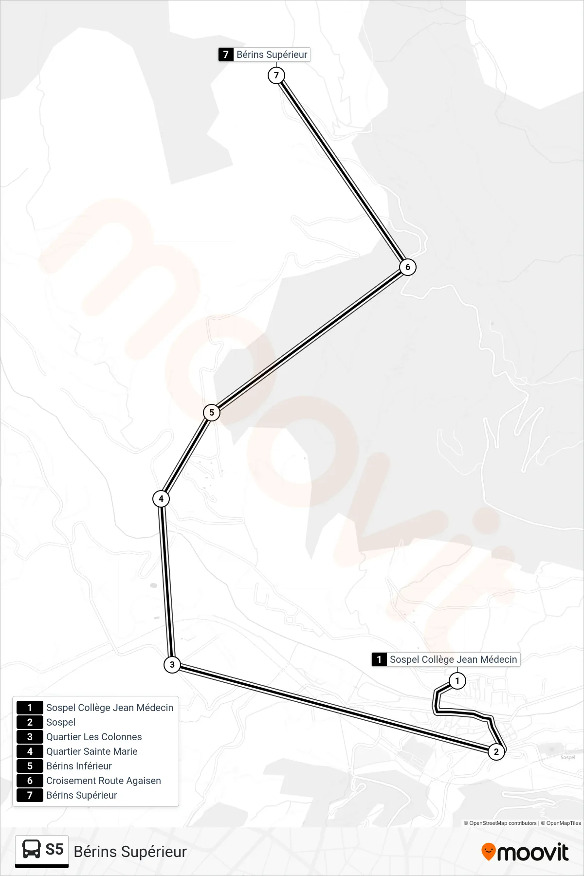 Tracé et arrêts de la ligne S5 de bus (Bérins Supérieur) sur une carte