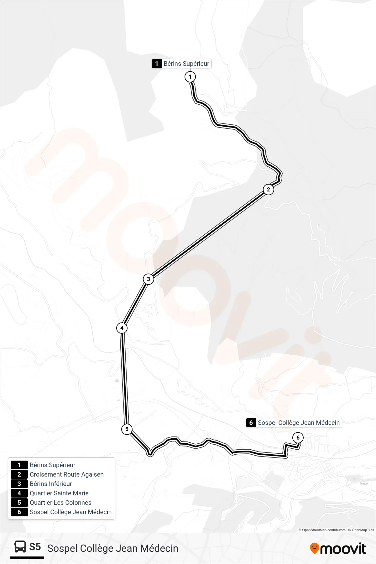 S5 bus Line (Sospel Collège Jean Médecin) route and stops on a map