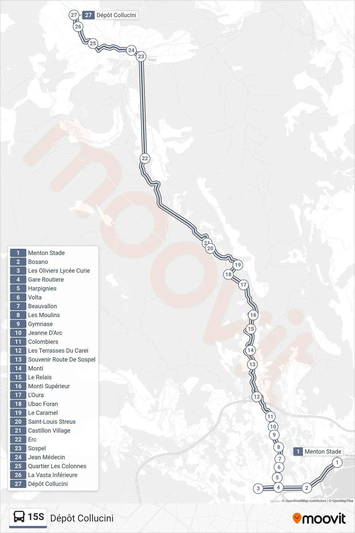 Tracé et arrêts de la ligne 15S de bus (Dépôt Collucini) sur une carte